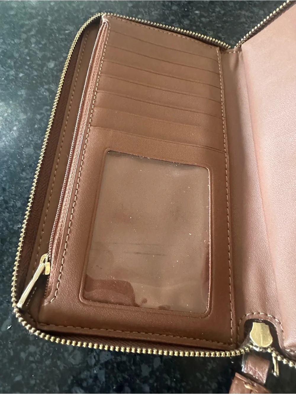 Coach Brown Leather Patch Wallet with Teal and Multicolor Stripes